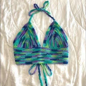 Handmade Crochet Halter Crop Top in Blue-Green-Purple